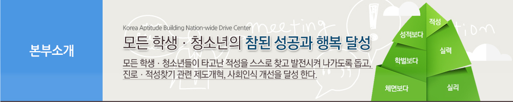 본부소개 : 모든 학생 청송년의 참된 성공과 행복 달성, 모든 학생 청소년들이 타고난 적성을 스스로 찾고 발전시켜 나가도록 돕고, 진로 적성찾기 관련 제도개혁, 사회인식 개선을 달성 한다.