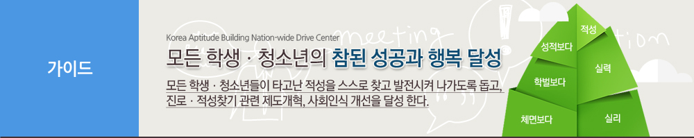 본부소개 : 모든 학생 청송년의 참된 성공과 행복 달성, 모든 학생 청소년들이 타고난 적성을 스스로 찾고 발전시켜 나가도록 돕고, 진로 적성찾기 관련 제도개혁, 사회인식 개선을 달성 한다.